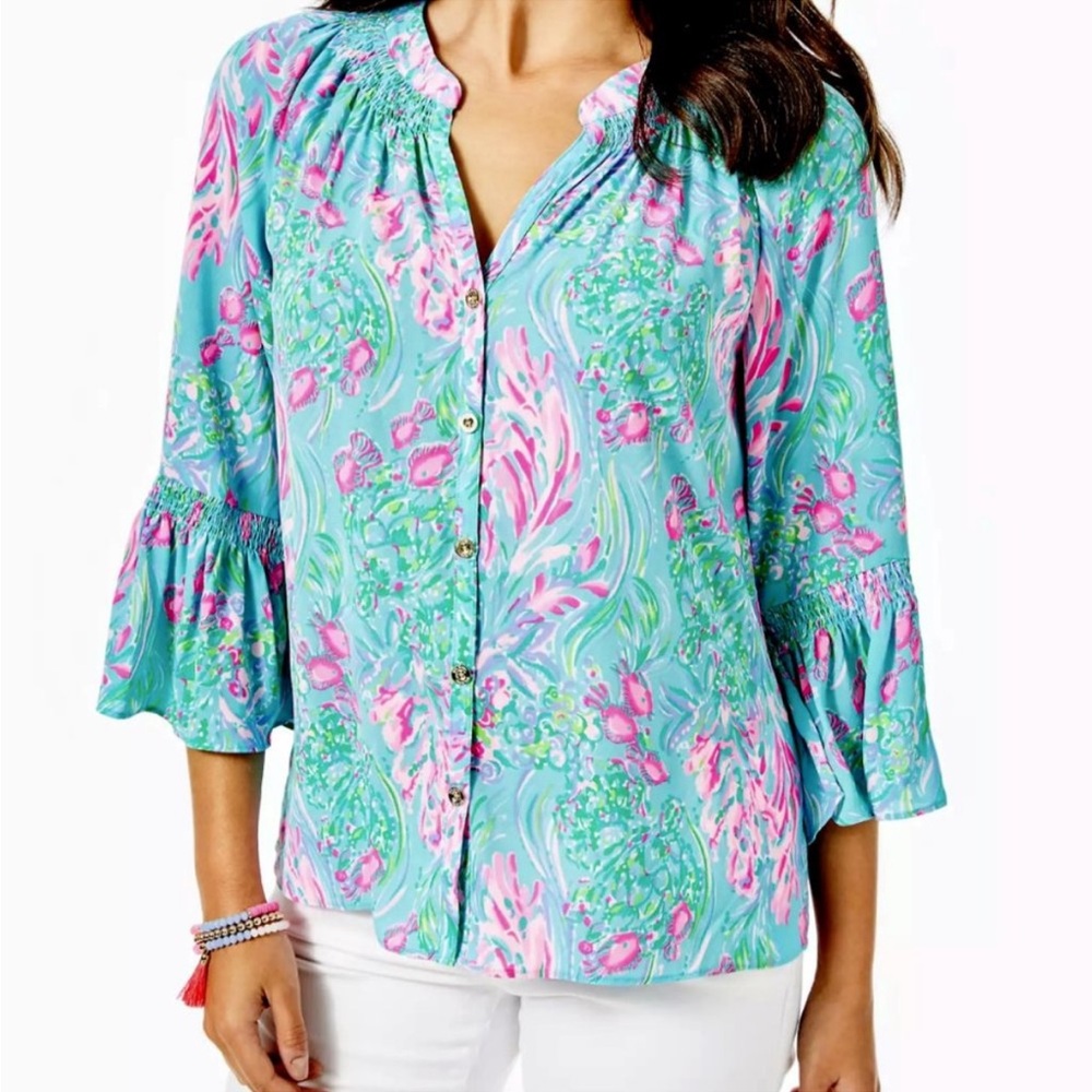 Lilly Pulitzer DAKOTA Top Blouse Amalfi Blue Best Fishes size XS never been worn